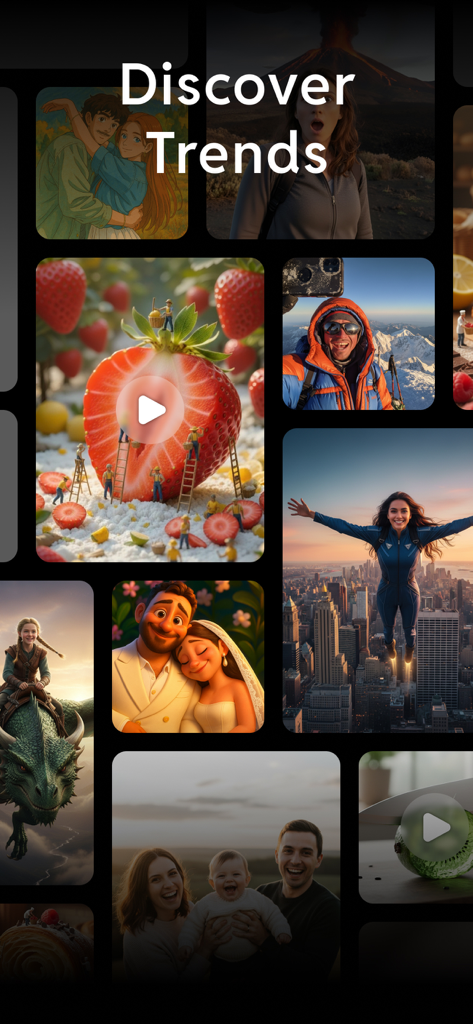 A collage showcasing various AI generated video trends and character transformations