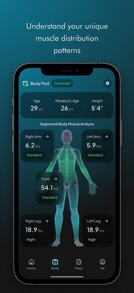 Pantalla de la aplicación Hume Health que muestra el análisis de distribución de masa muscular corporal segmentaria con un modelo anatómico 3D y datos de masa muscular para brazos, piernas y tronco.