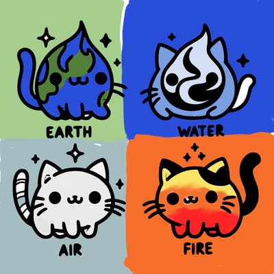 4 cats that represent the different elements, earth, water, air, and fire