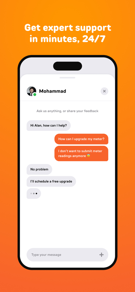 Fuse Energy - Fuse Energy app chat interface showing 24/7 customer support for energy meter inquiries