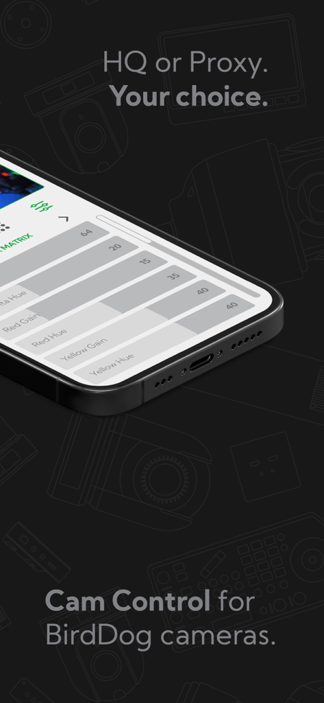 NDI PTZ Control - BirdDog camera color matrix settings and adjustment sliders in the NDI PTZ Control app