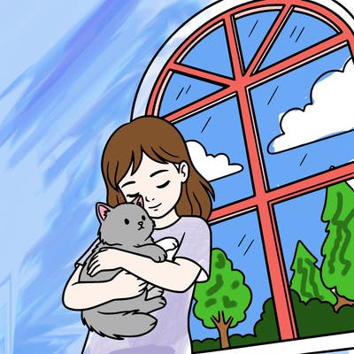 girl with cat in her arms next to window