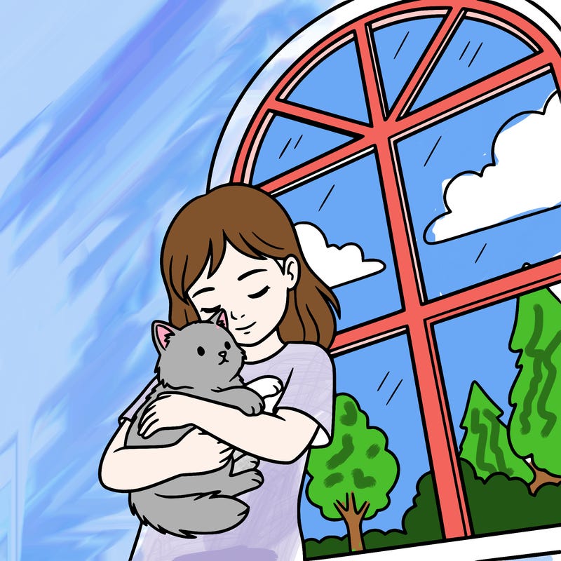 girl with cat in her arms next to window