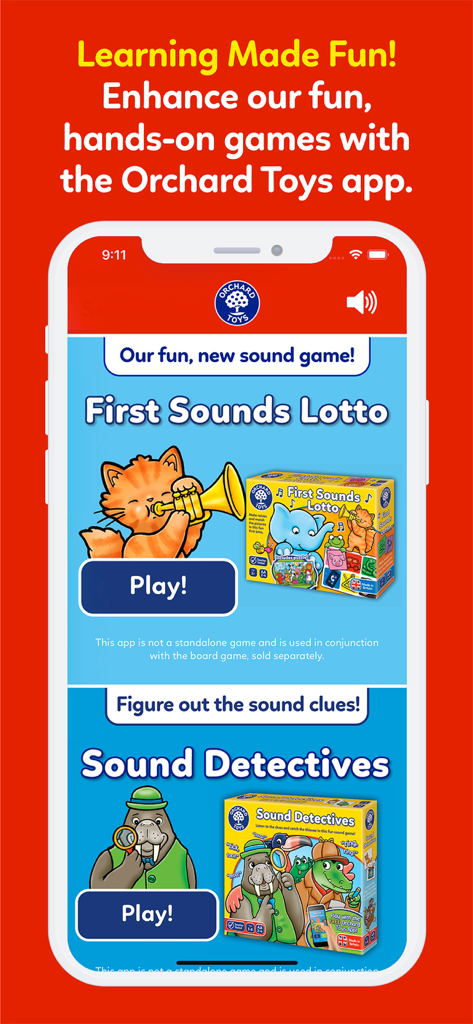Orchard Toys - Orchard Toys app menu showing First Sounds Lotto and Sound Detectives educational games
