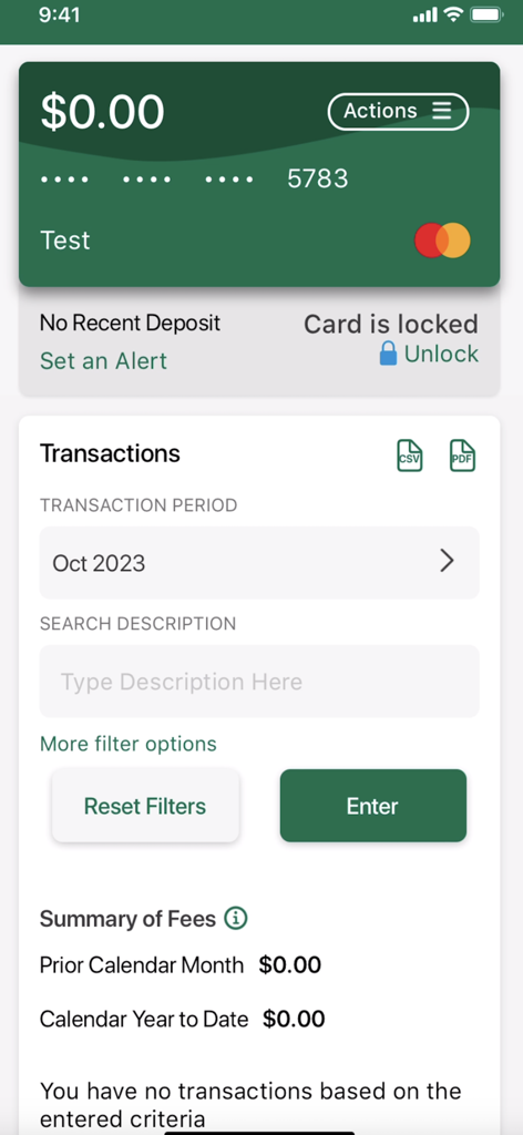 Direct Express Mobile app interface showing transaction history filters and account summary of fees