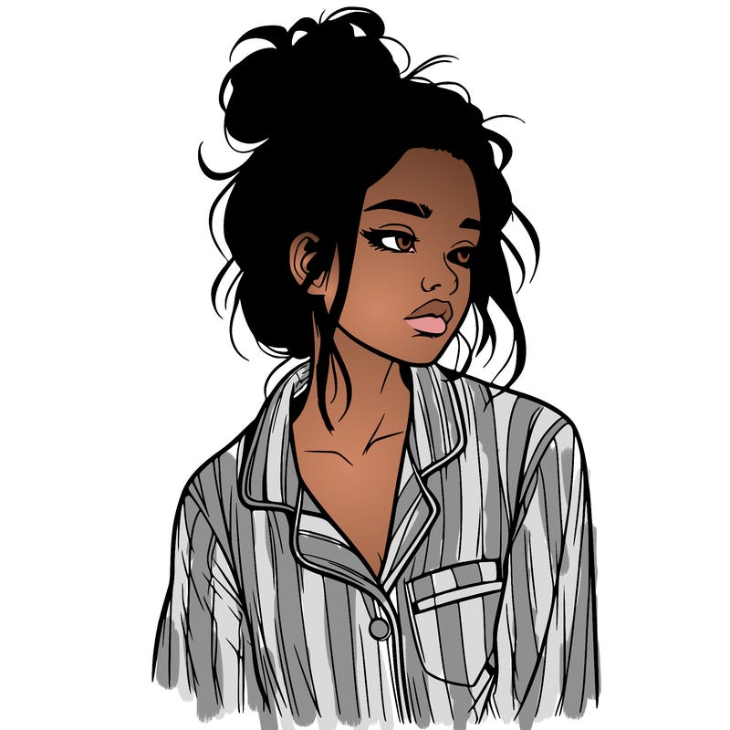 realistic woman with pajamas on and a messy bun