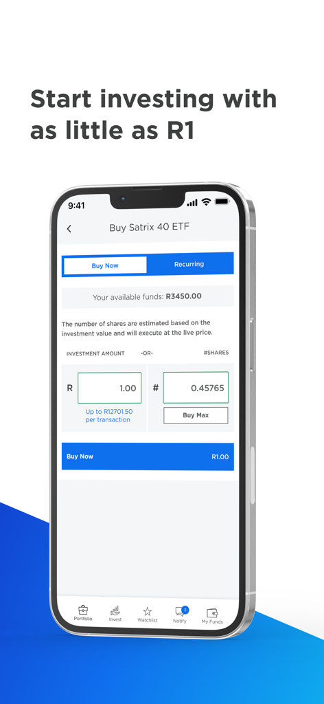 SatrixNOW - 1ランドの最低投資額でフラクショナルETF株を購入するためのSatrixNOWアプリインターフェースを表示するモバイル画面。