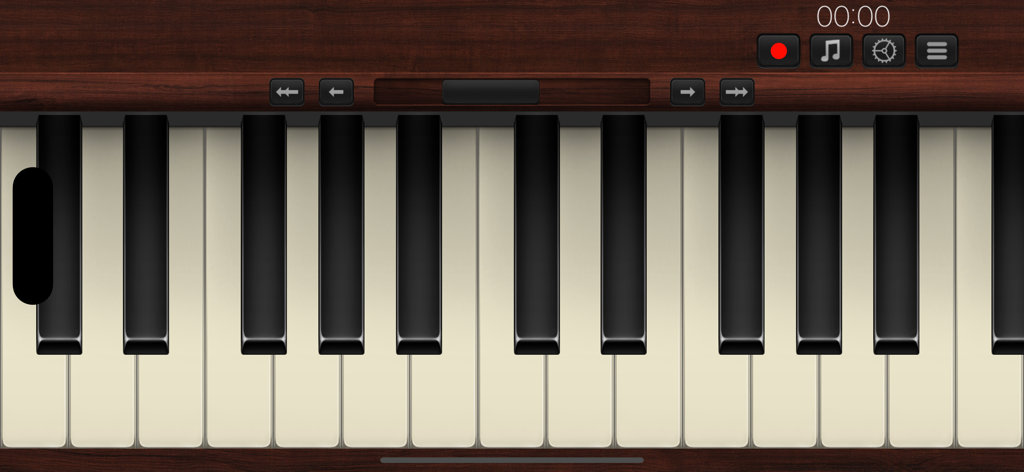 Una interfaz de teclado de piano virtual con un acabado de madera oscura y botones de control musical.