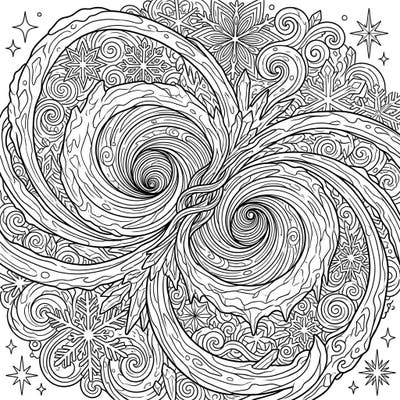 Dive into a breathtaking fusion of cosmic wonder and winter's chill with this unique Black Hole Mergers coloring page. Experience the dramatic dance of celestial bodies reimagined amidst a fantastical icy landscape.