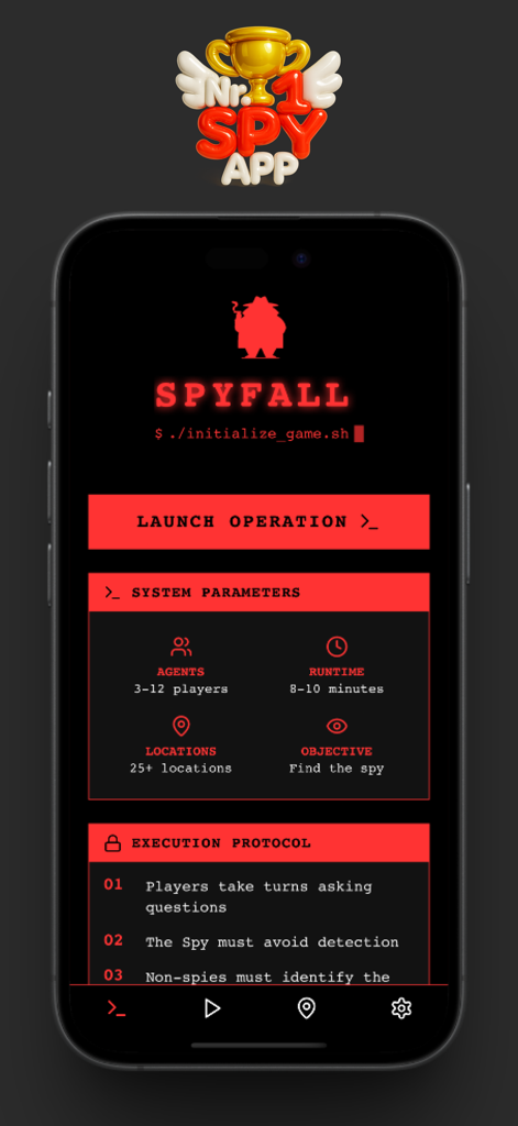 SpyFall: Find the Spy - SpyFall mobile game menu screen showing game rules and system parameters in a red and black spy theme.