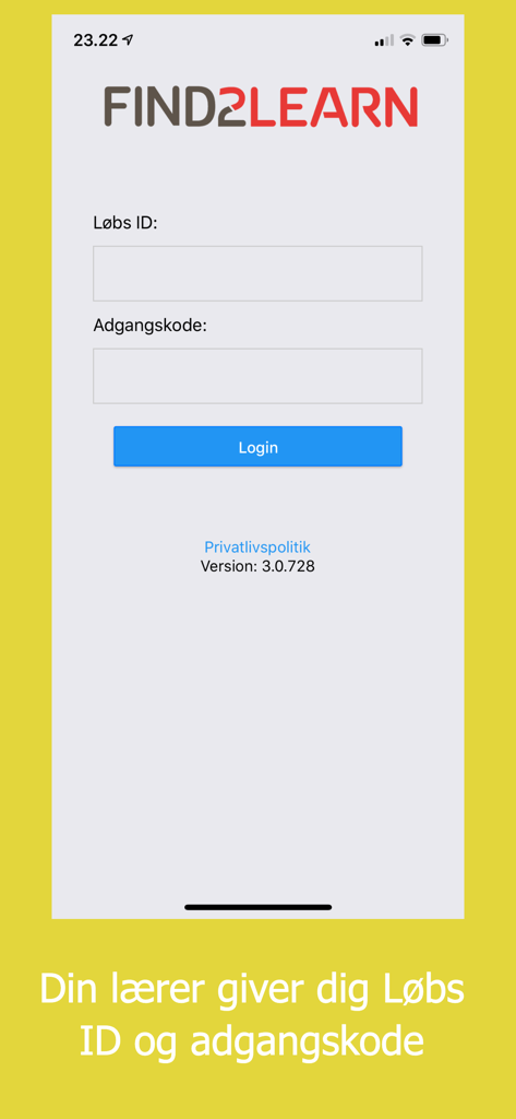 Login screen of the find2learn app featuring input fields for race ID and access code for students