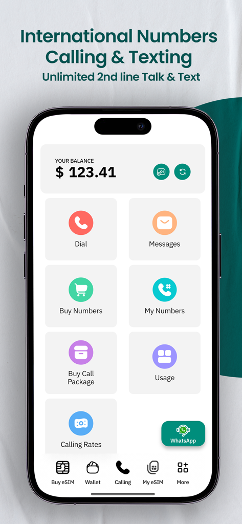 Dashboard der eSIM-Card-App auf einem iPhone, das Optionen für virtuelle internationale Anruf- und SMS-Dienste anzeigt.