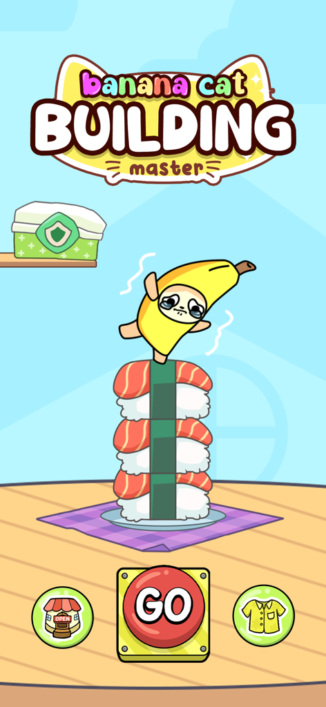 Personagem meme Banana Cat equilibrando-se em uma pilha de sushi no menu do jogo