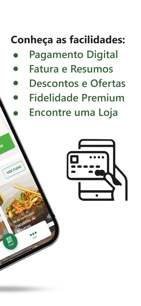Cartões Zaffari Bourbon Cestto - List of mobile app features including digital payment invoices and loyalty rewards for Zaffari Bourbon cards