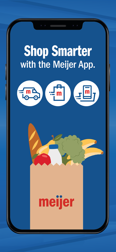 Meijer app splash screen featuring grocery delivery and pickup icons with a paper shopping bag illustration