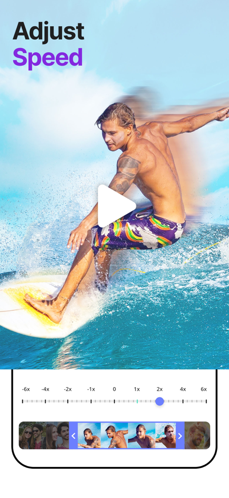 Mobile interface of SpeedPro app showing speed adjustment slider and video preview of a surfer.