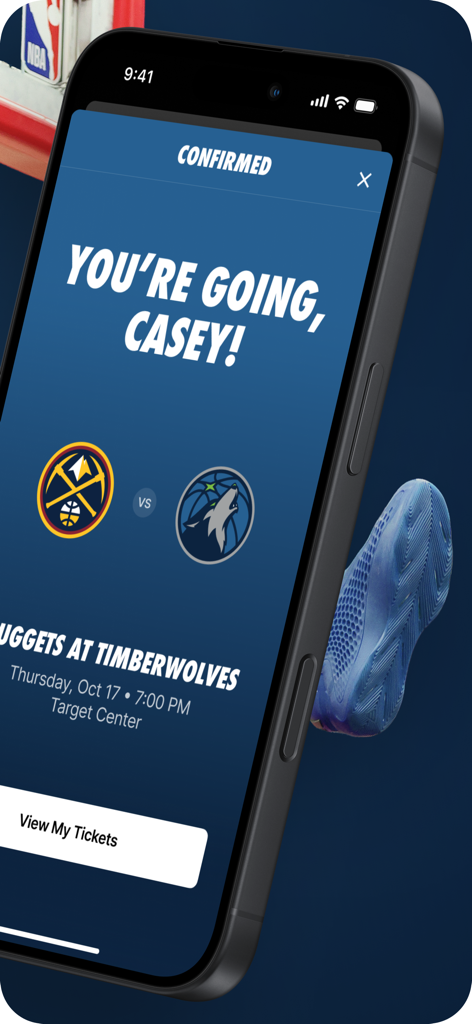 Minnesota Timberwolves - ミネソタ・ティンバーウルブズアプリの画面。ターゲットセンターでのナゲッツ対ティンバーウルブズ戦の確認済みチケットを表示します。