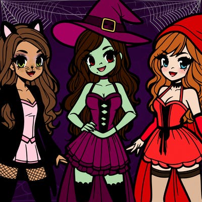 three women in halloween costumes