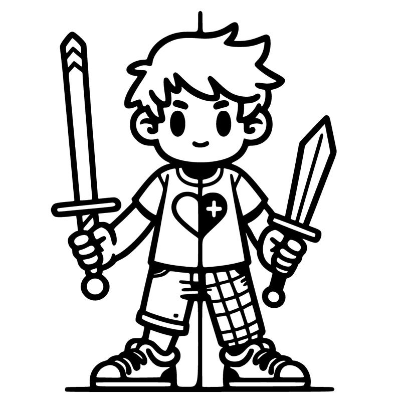 a boy with a sword and a 🚫 sign on his t shirt split
