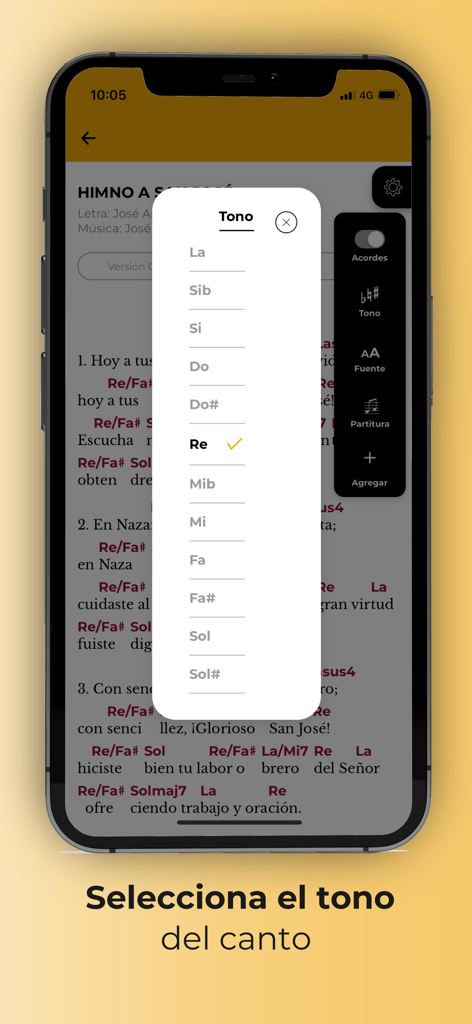 Canto Católico - Menu for selecting and transposing the musical key of a hymn in the Canto Católico app