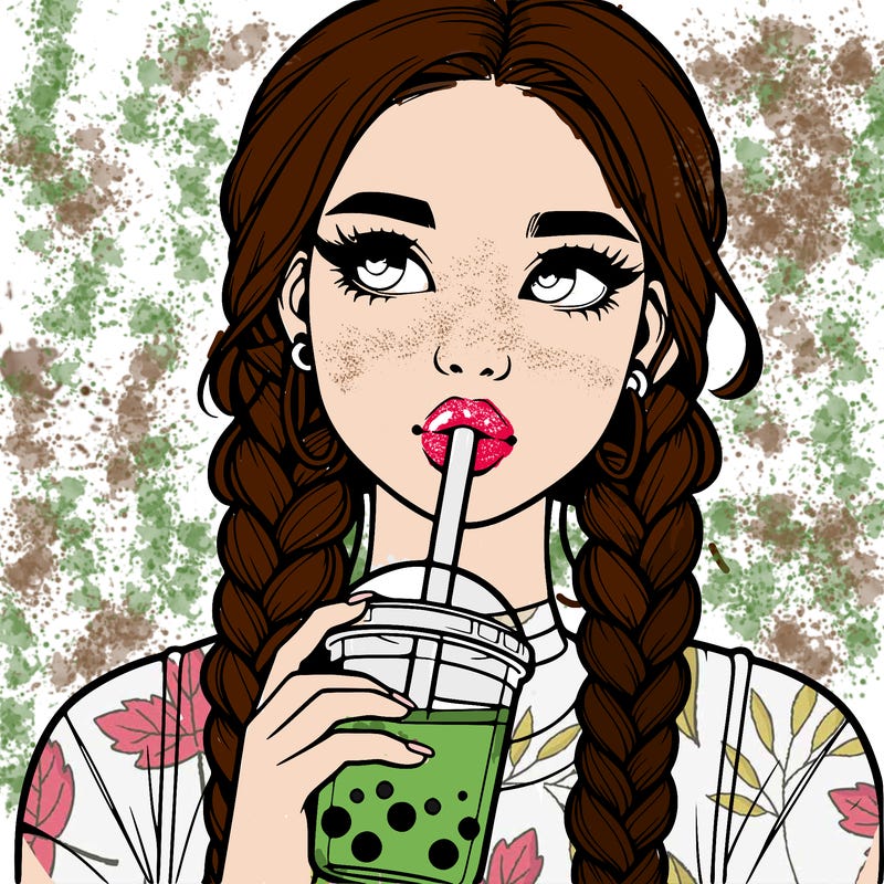 realistic girl with braided hair drinking boba