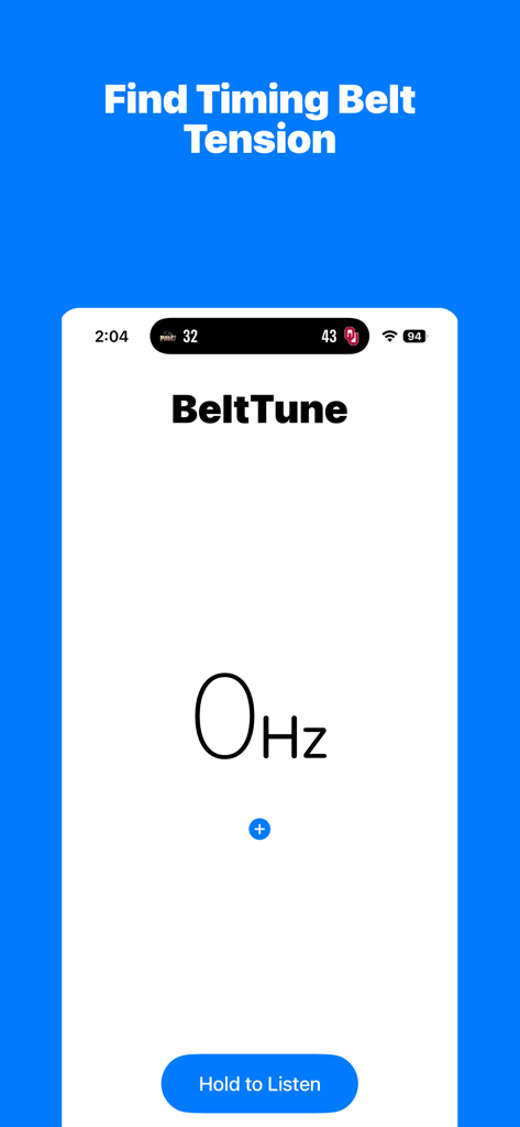 BeltTune - Écran de l'application BeltTune montrant un fréquencemètre pour mesurer la tension de la courroie de distribution