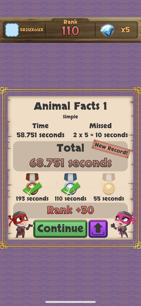 Grammar Ninja game results screen showing a new record and unlocked medals for the Animal Facts level.
