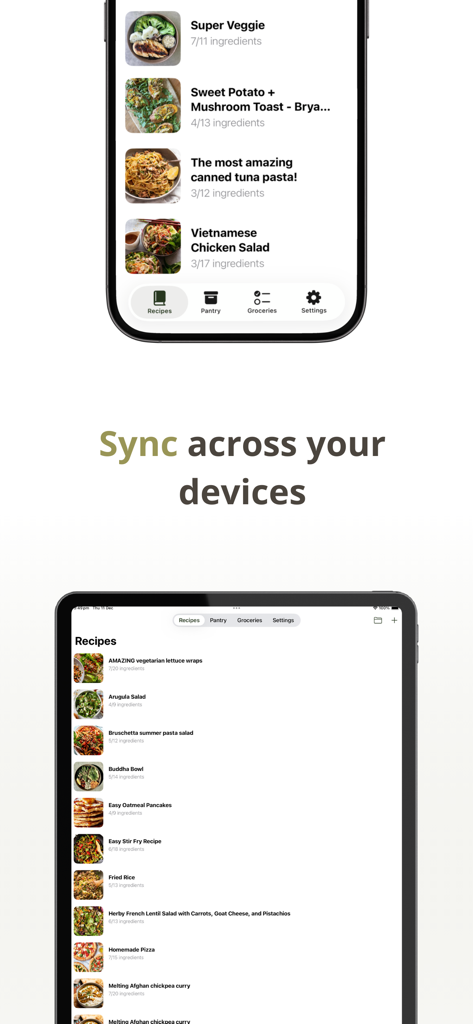 Pantry Recipe Manager app interface shown on an iPhone and iPad with a sync across your devices headline.