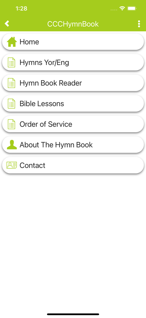 CCC HymnBook - Main menu of the CCC HymnBook app showing navigation options for hymns and bible lessons.