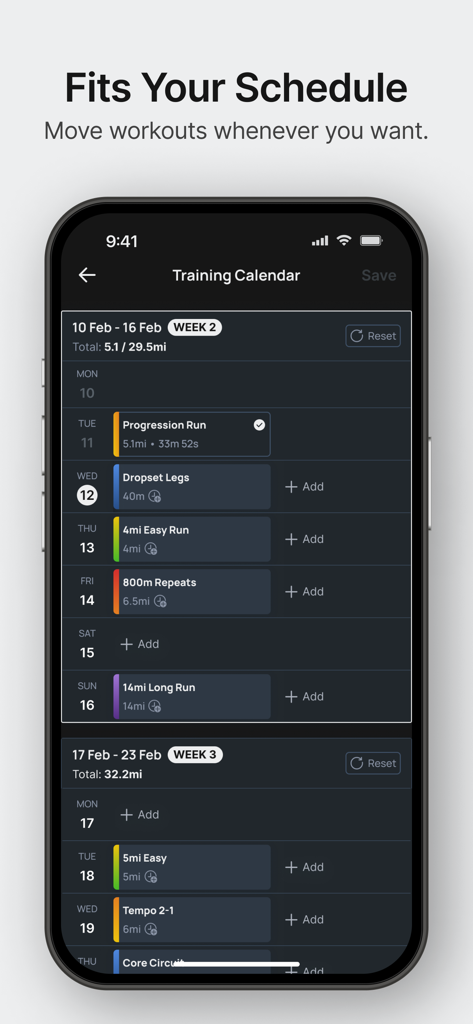 Runna app interface displaying a weekly training calendar with scheduled running and strength workouts