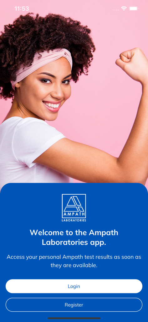 Welcome screen of the Ampath Laboratories app showing login and register buttons with a smiling woman in the background.