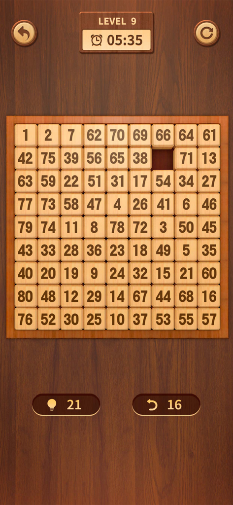 Numpuz: Number Puzzle Games - Gameplay screen of Numpuz showing a 9x9 wooden sliding number puzzle grid