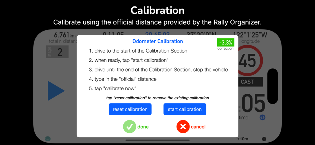 3pRally - TSD Rally - Odometer calibration interface in 3pRally app with step by step instructions for TSD rally precision