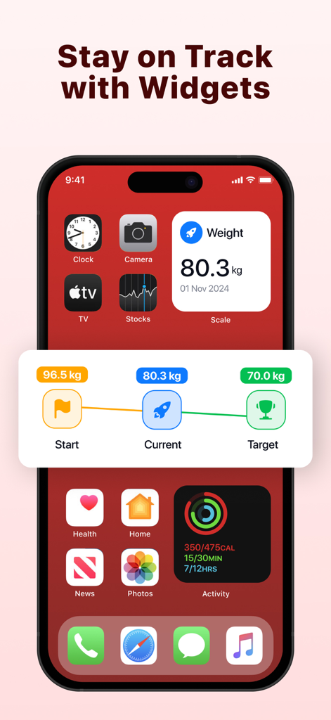 WTrack weight tracking widget on an iPhone home screen showing progress from starting weight to target weight
