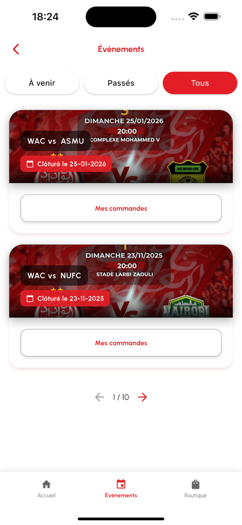 WYDAD TICKETING - Tela do aplicativo móvel mostrando uma lista de jogos de futebol e eventos do Wydad Athletic Club