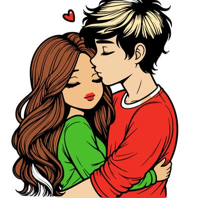 a realistic couple boy and girl hugging and kissing