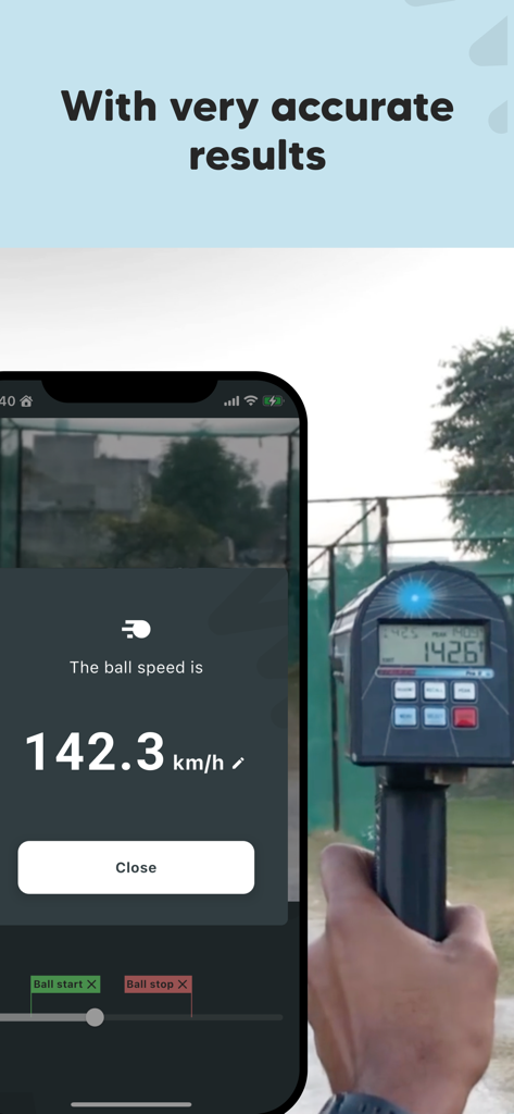 Side by side comparison showing the accurate speed result of the app versus a professional radar gun