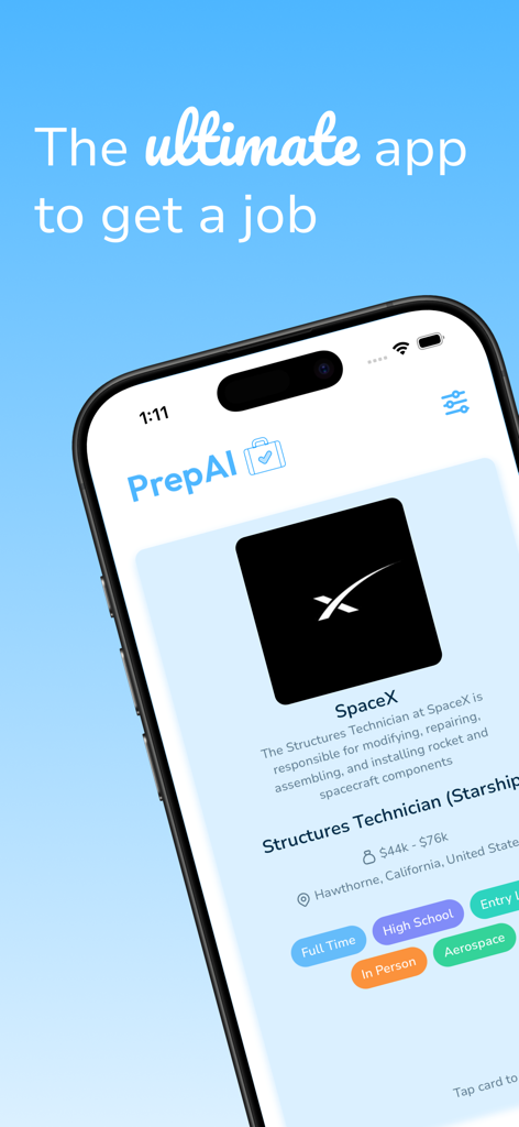 iPhone 화면에 SpaceX 직무 채용 공고가 표시된 Sprout 앱, 급여 및 위치 세부 정보 포함