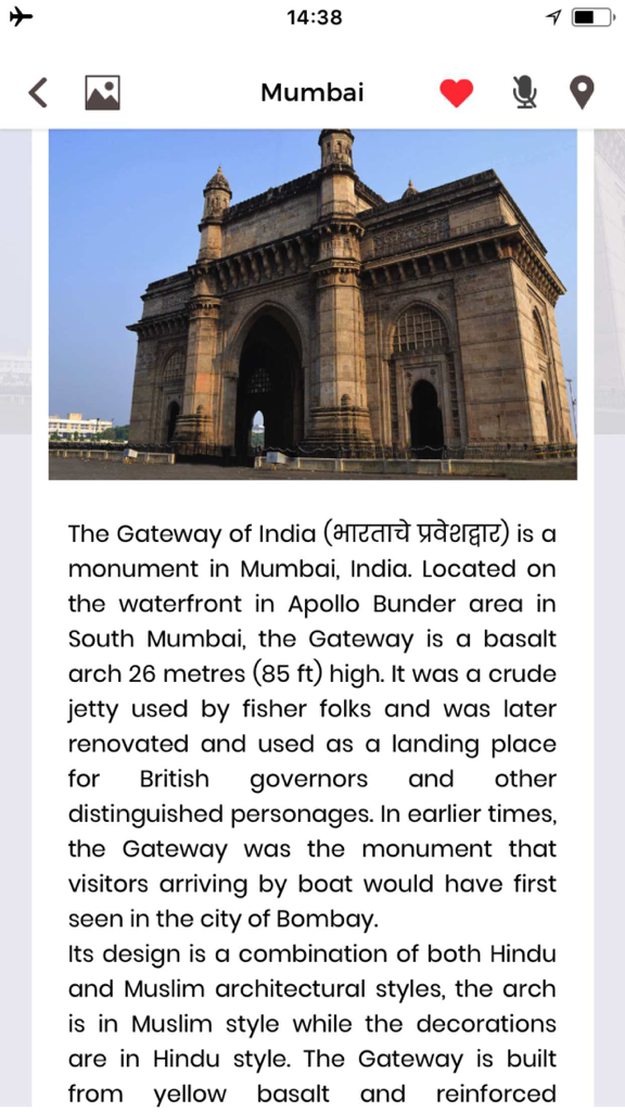 Mumbai Travel Guide Offline - Informational screen for the Gateway of India monument within the Mumbai Travel Guide offline app