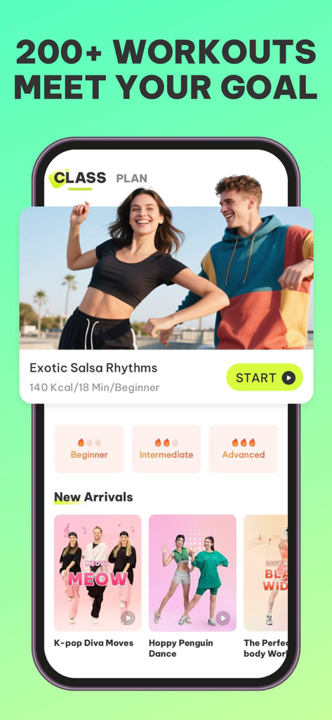 Dancefitme mobile app interface showing a variety of dance workouts including salsa and kpop with calorie tracking