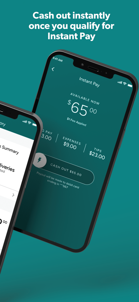 Interface de l'application Roadie Driver montrant la fonction de retrait de Paiement Instantané avec un solde de 65 dollars
