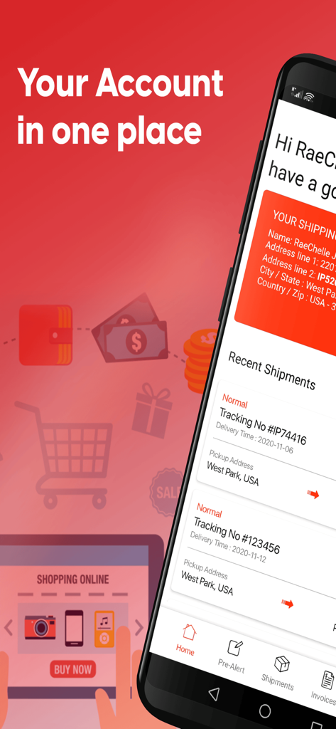 ipCourier - Interface of the ipCourier app showing the user account dashboard with shipping address and recent shipments