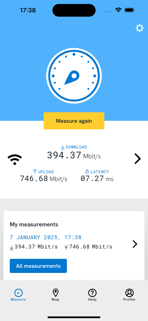 Bredbandskollen - Bredbandskollenモバイルアプリインターフェース、ダウンロード、アップロード、遅延測定結果を表示