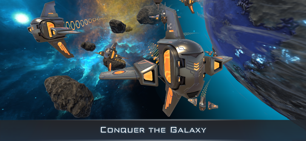 A fleet of futuristic spaceships flying in space near a large planet and asteroids.