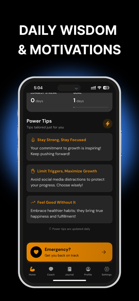 Fortify: Quit Porn Addiction - Interfaz de la aplicación Fortify que muestra consejos diarios de poder y motivación y un botón de apoyo de emergencia