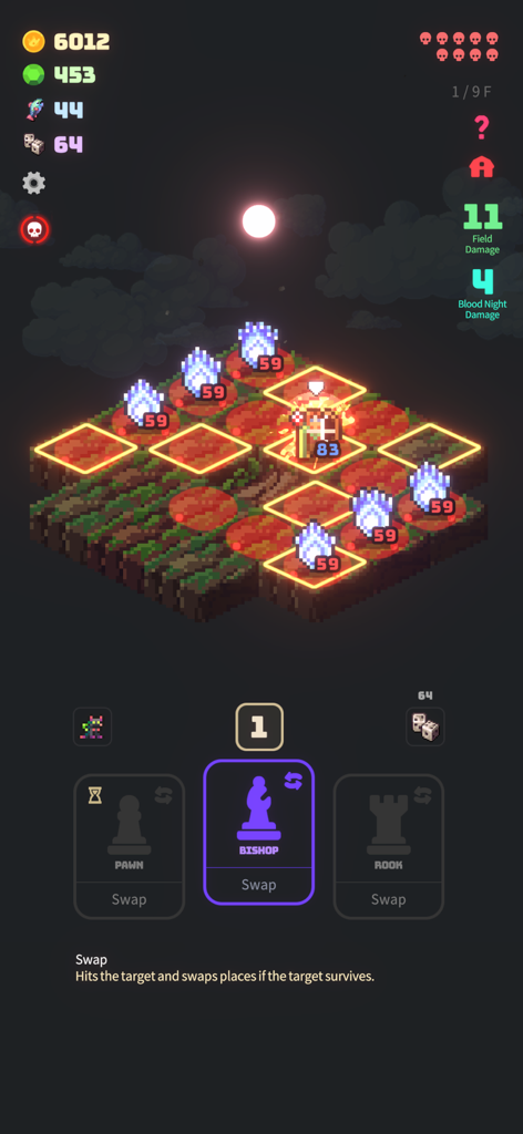 Blood Night : Chess RPG - Batalha tática isométrica em Blood Night Chess RPG com cartas de movimento de peças de xadrez e gráficos em pixel art.