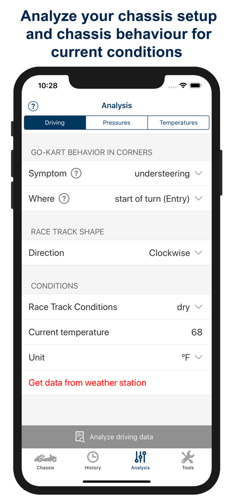 Karting-App-Oberfläche mit Fahrverhaltensanalyse, Symptomen von Untersteuern und Einstellungen für die Streckenbedingungen
