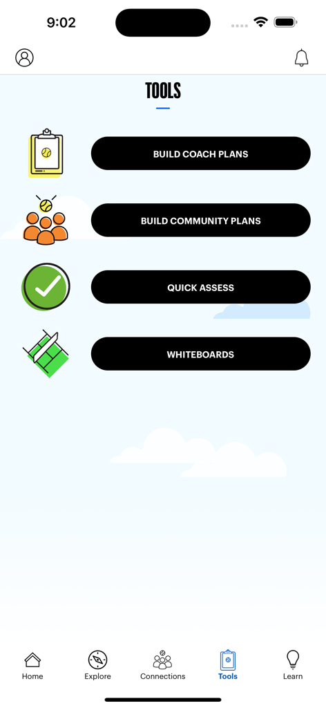 The tools menu of the Net Generation app for tennis coaches featuring options for lesson plans and player assessments