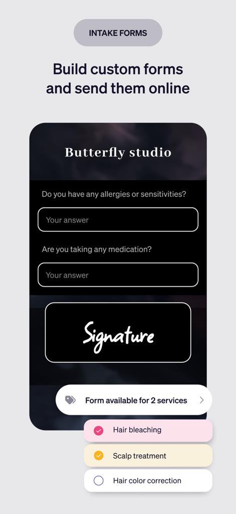 A mobile interface for the Goldie app showing custom digital intake forms for a hair salon including medical questions and a signature field