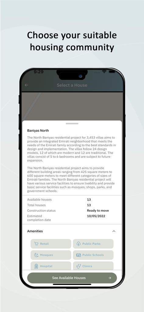 Iskan Abu Dhabi -إسكان أبوظبي - A mobile screen from the Iskan Abu Dhabi app showing details for the Baniyas North residential project including amenities and house availability.